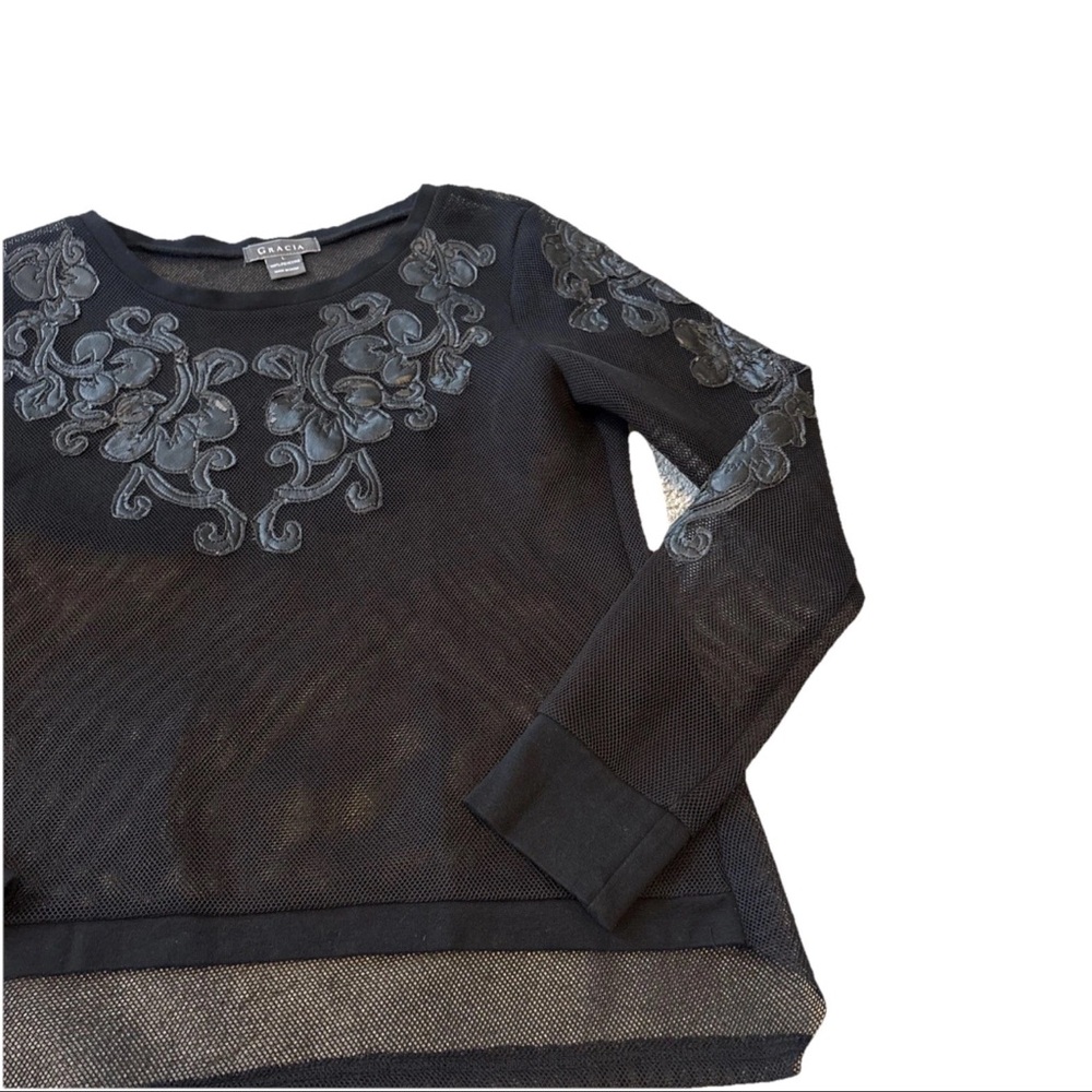 GRACIA Women’s Sexy Black Faux Leather Mermaid Scales MESH Blouse Size L - Picture 8 of 16
